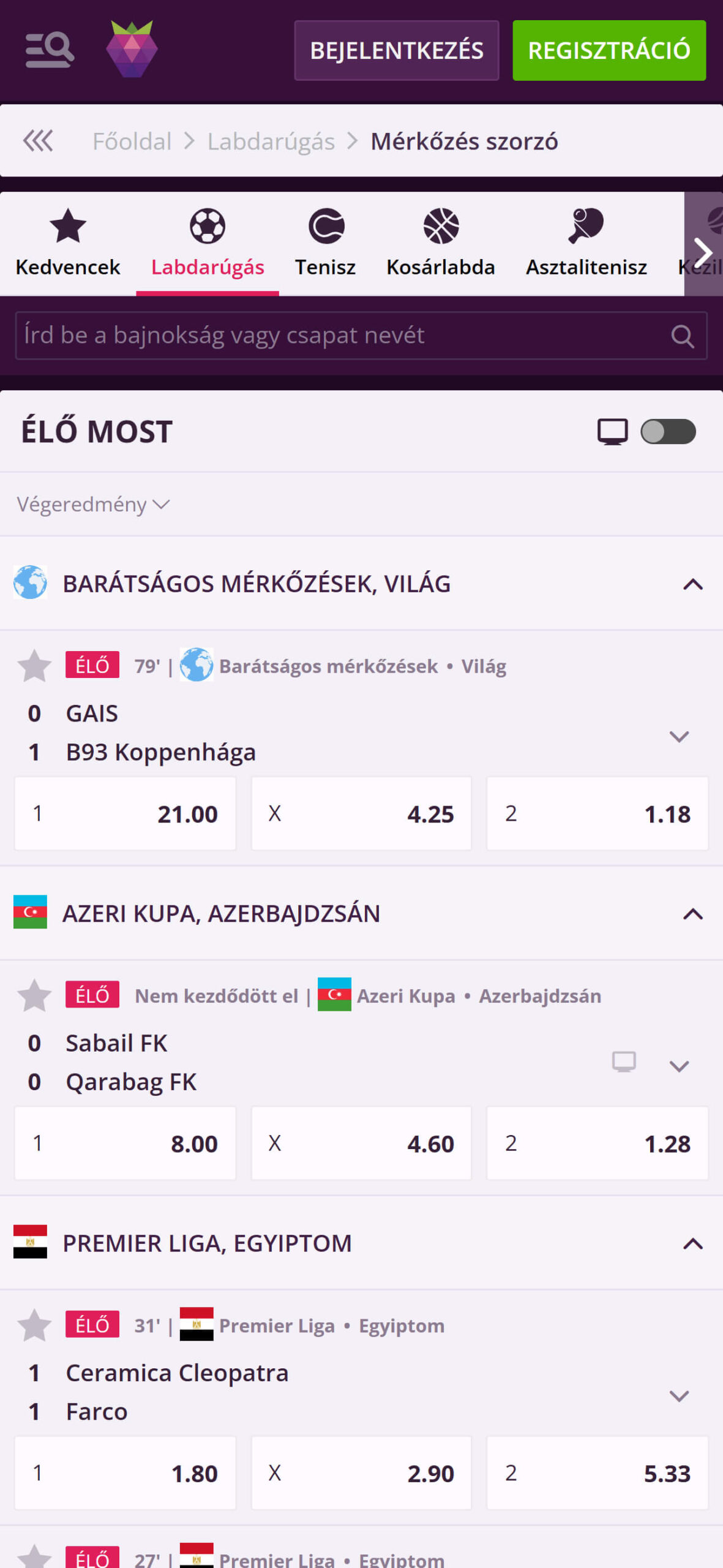 Malina Bookmaker Live Sport Betting Hungary (mobile), sportfogadasok.tv