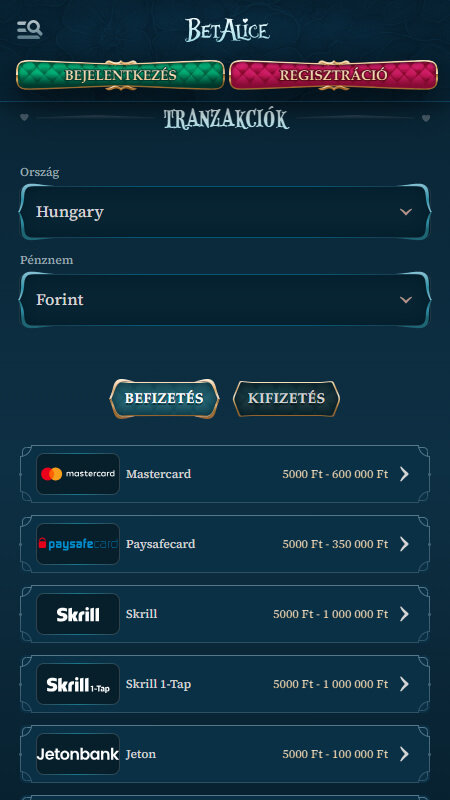 BetAlice payment options