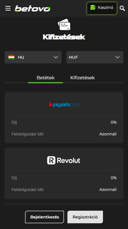 Betovo payments page HU