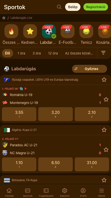 Royal Sea élő fogadási felület